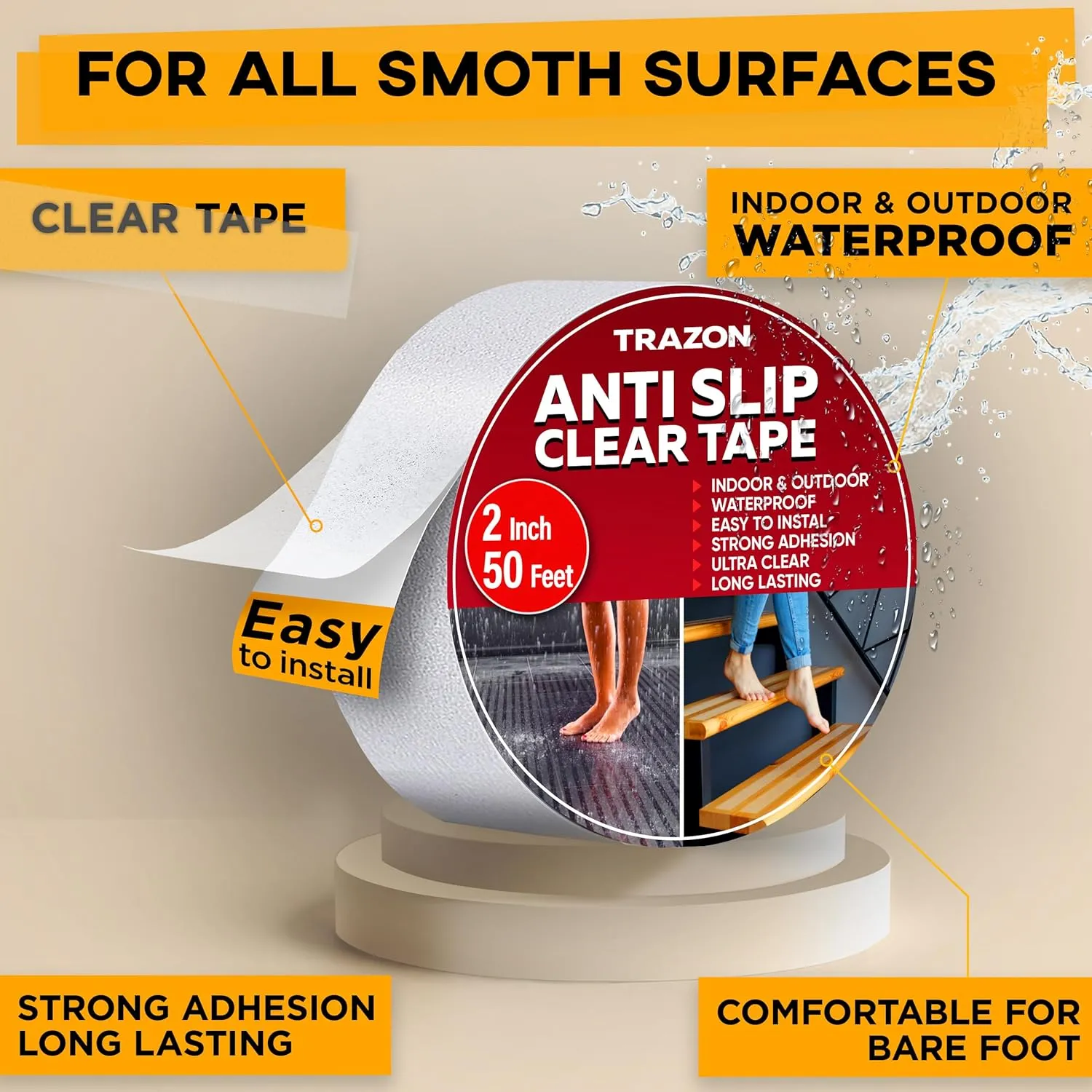 Grip Tape - Heavy Duty Anti Slip Tape Clear Outdoor/Indoor 2In*50Ft, Non Slip Roll/Stickers Easy to Cut Waterproof for Bathtub, Shower Floor, Pool, Stairs Safety Non Skid, Comfortable for Bare Foot