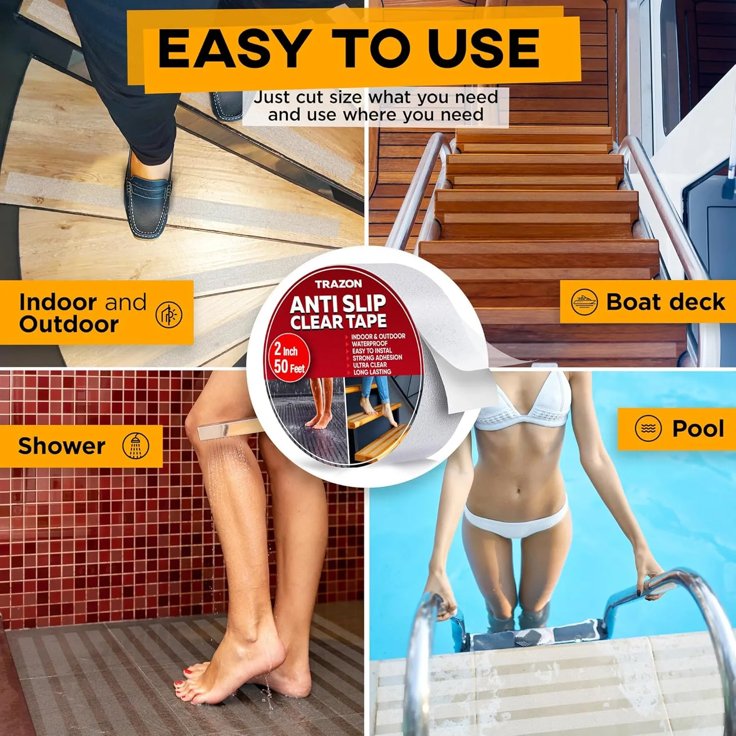 Grip Tape - Heavy Duty Anti Slip Tape Clear Outdoor/Indoor 2In*50Ft, Non Slip Roll/Stickers Easy to Cut Waterproof for Bathtub, Shower Floor, Pool, Stairs Safety Non Skid, Comfortable for Bare Foot