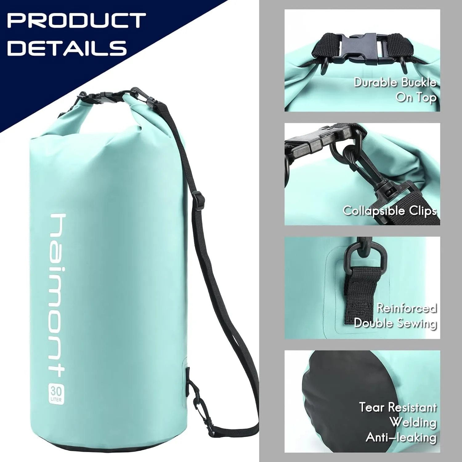 Haimont Waterproof Dry Bag Floating Dry Sack Roll Top Drybag Backpack for Kayaking, Rafting, Boating, Fishing with IPX8 Waterproof Phone Case, Aqua Green, 30L