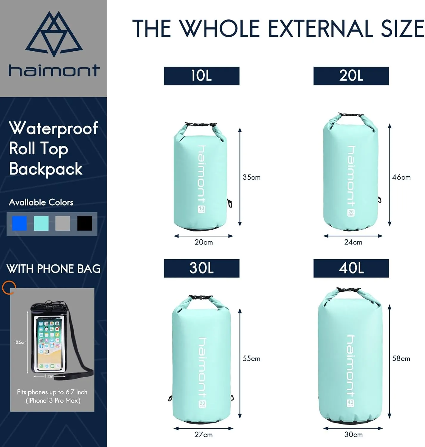 Haimont Waterproof Dry Bag Floating Dry Sack Roll Top Drybag Backpack for Kayaking, Rafting, Boating, Fishing with IPX8 Waterproof Phone Case, Aqua Green, 30L