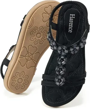 HARENCE Women's Summer Flat Sandals: Comfortable Bohemian Beaded Flats Shoes Elastic Ankle T-Strap Casual Slip on Beach Dress Sandals for Women