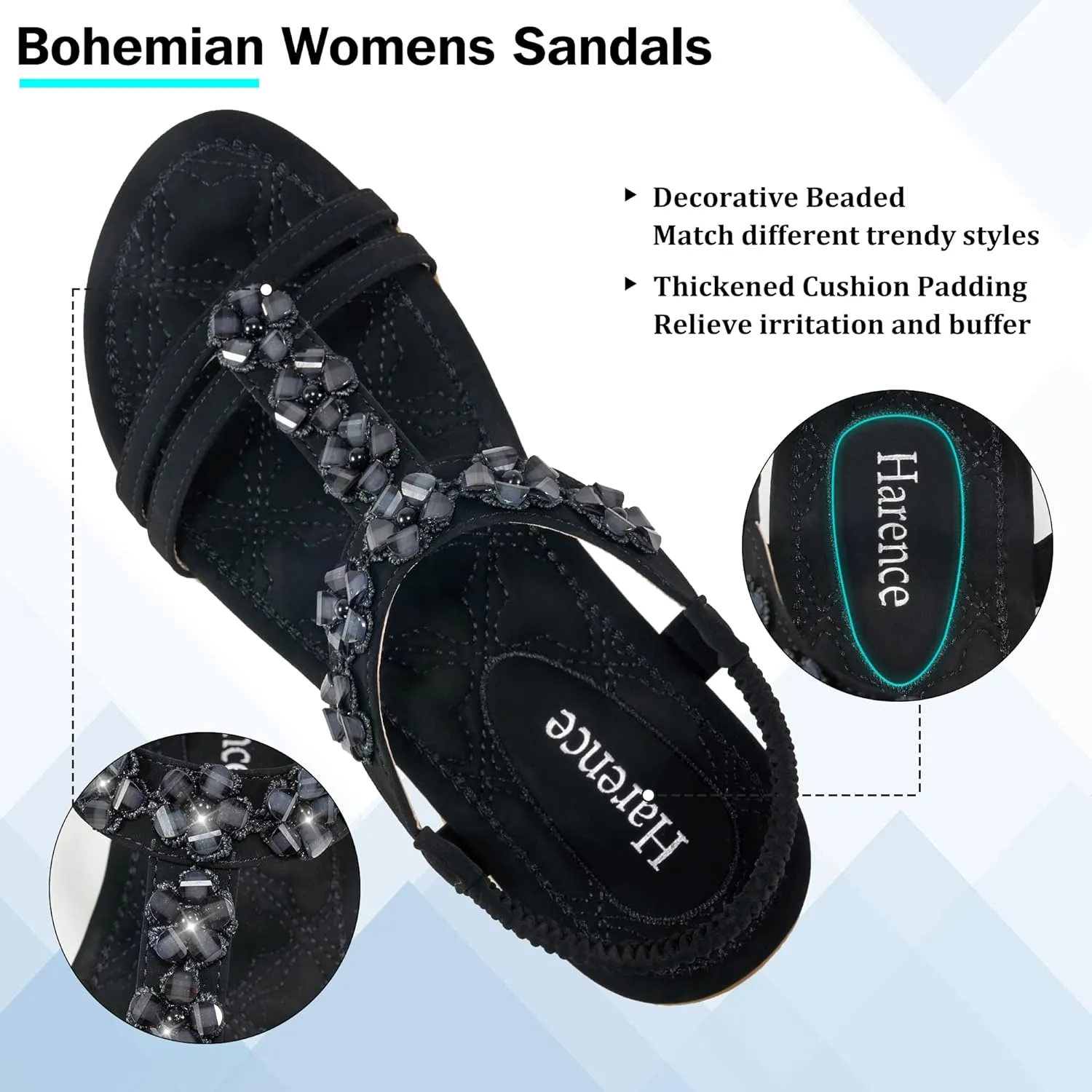 HARENCE Women's Summer Flat Sandals: Comfortable Bohemian Beaded Flats Shoes Elastic Ankle T-Strap Casual Slip on Beach Dress Sandals for Women