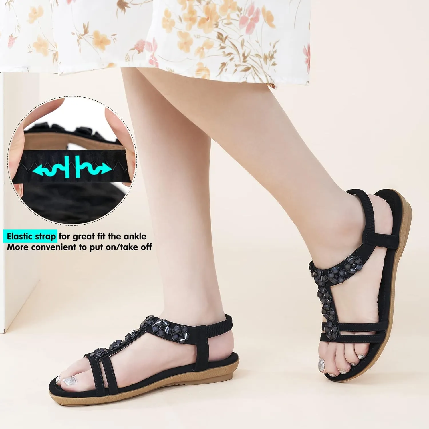 HARENCE Women's Summer Flat Sandals: Comfortable Bohemian Beaded Flats Shoes Elastic Ankle T-Strap Casual Slip on Beach Dress Sandals for Women