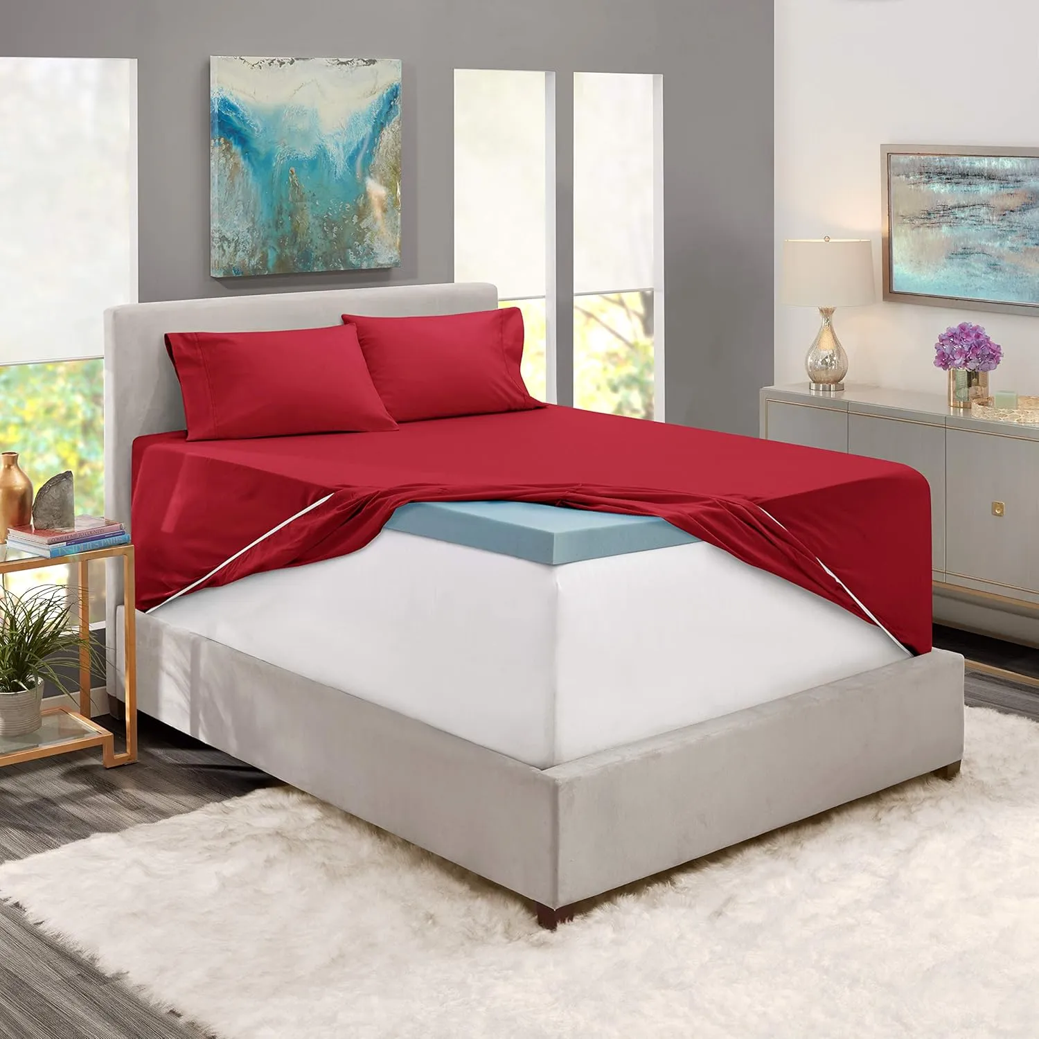 Hearth & Harbor Bed Linen Set - King Size, 6 Piece, Extra Deep Pocket, Burgundy, Microfiber