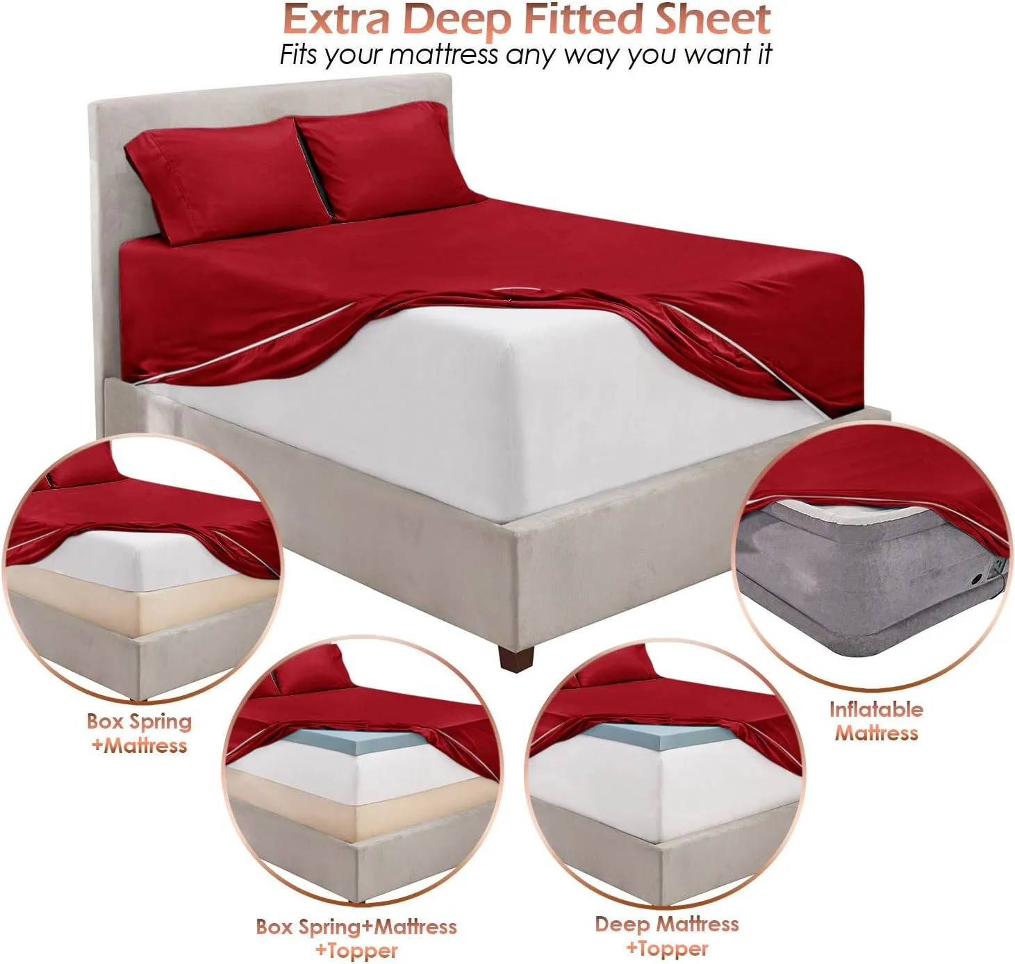 Hearth & Harbor Bed Linen Set - King Size, 6 Piece, Extra Deep Pocket, Burgundy, Microfiber