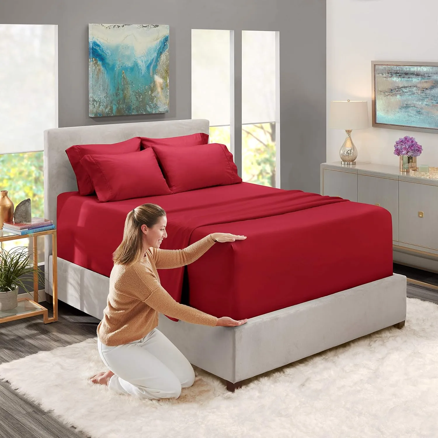 Hearth & Harbor Bed Linen Set - King Size, 6 Piece, Extra Deep Pocket, Burgundy, Microfiber