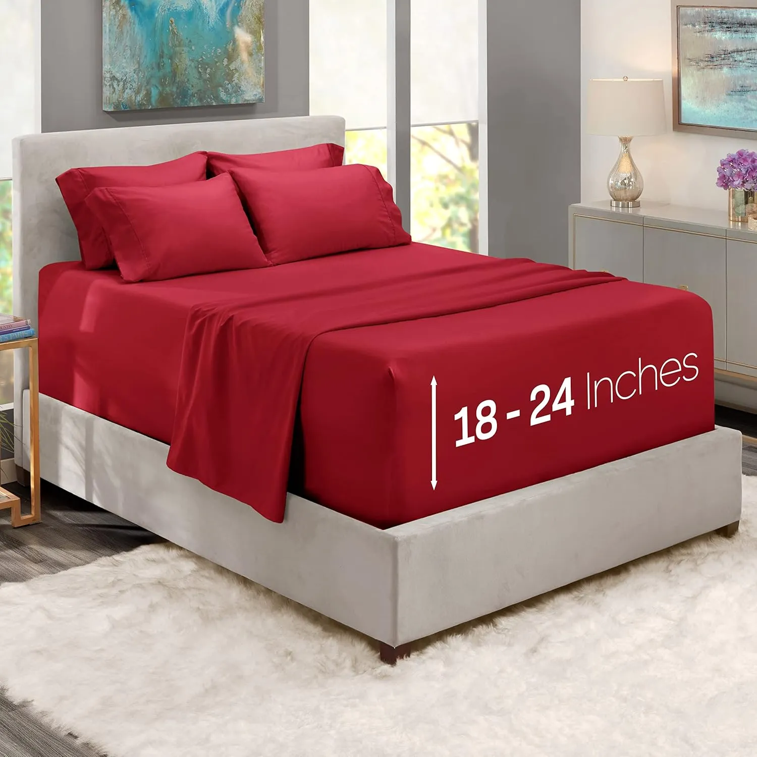 Hearth & Harbor Bed Linen Set - King Size, 6 Piece, Extra Deep Pocket, Burgundy, Microfiber