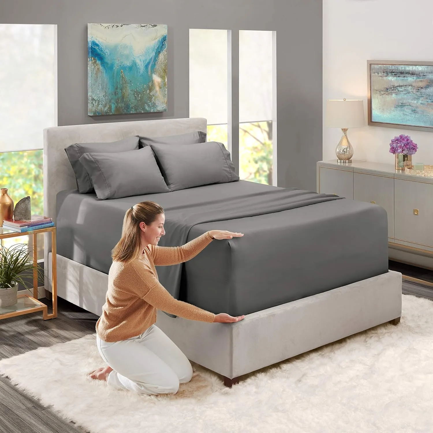 Hearth & Harbor Extra Deep Pocket King Size Sets - Fits Mattress 18-24 Inches Deep - Extra Deep Pocket Sheets - 6 Piece King Size - King - Grey Sheets