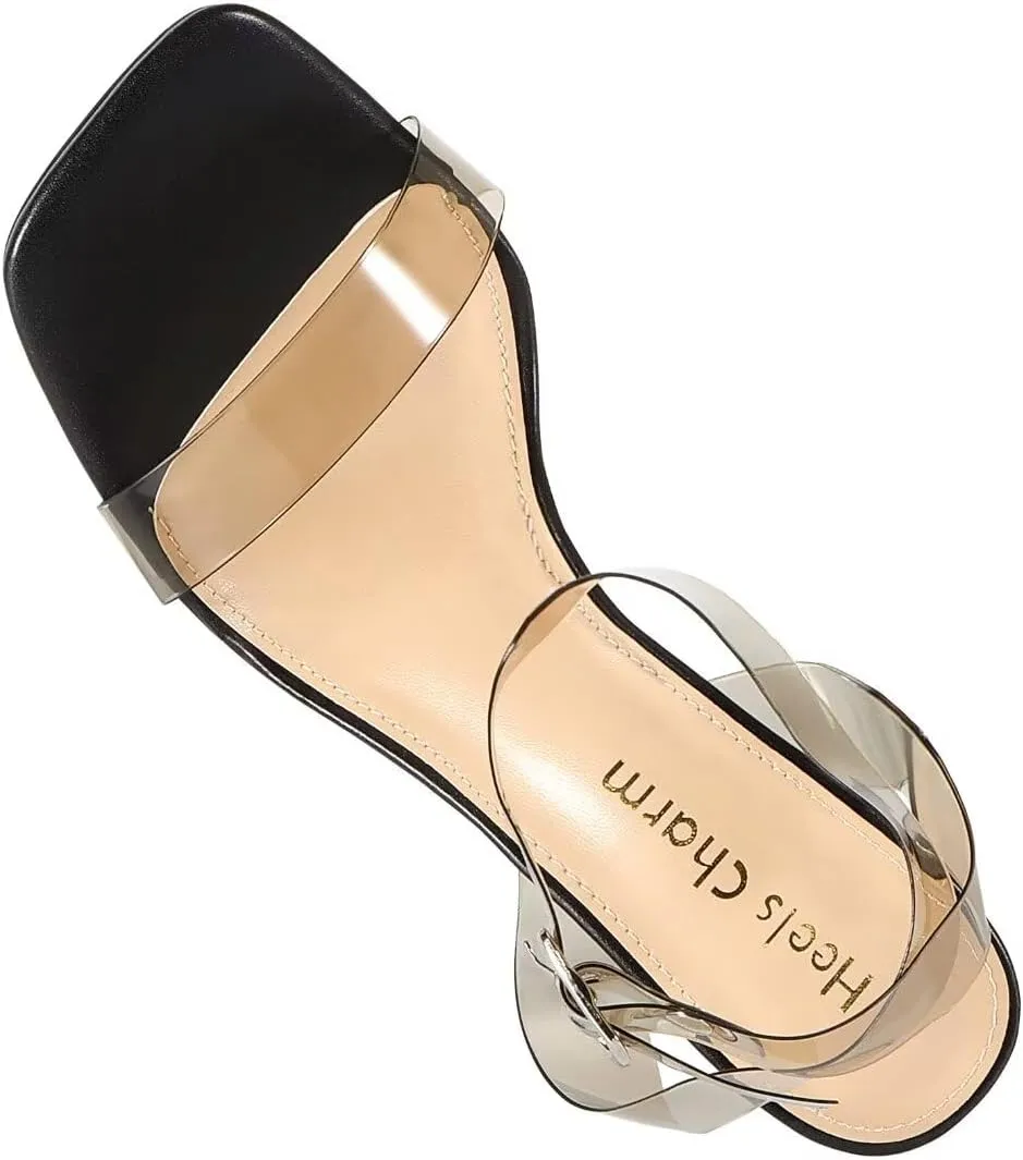 Heels Charm Women's Clear Chunky Block Heeled Sandals 3.74 Inches Open Toe Ankle Strap Block High Heel Sandal Dress Dancing Sandals Daily Work Party Shoes