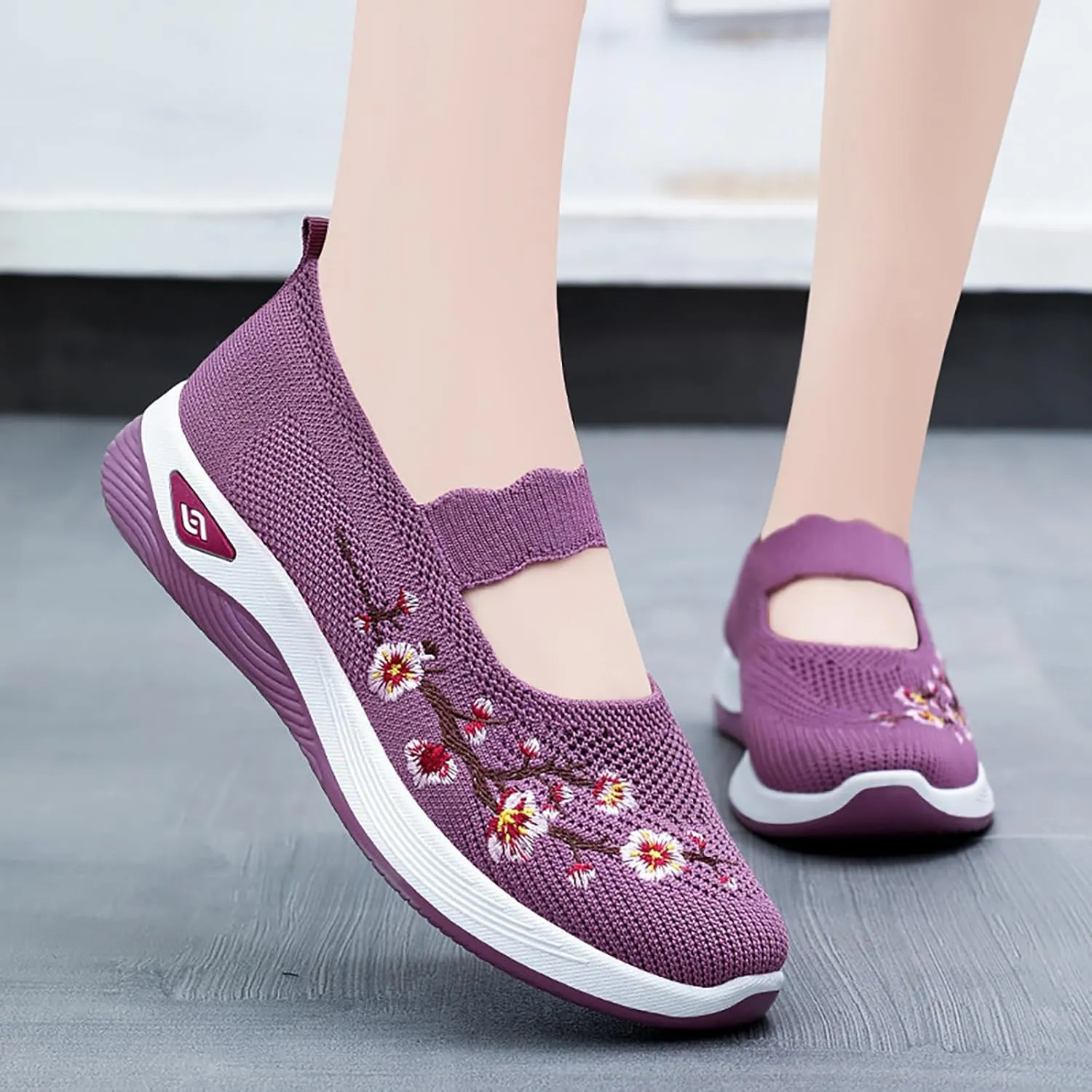 Helenbra Women's Flower Embroidered Slip On Knitting Flat Loafers,Mary Jane Breathable Elastic Mesh Comfy Platform Non Slip Memory Foam Mom Walking Nurse Shoes Casual Walking Sneakers