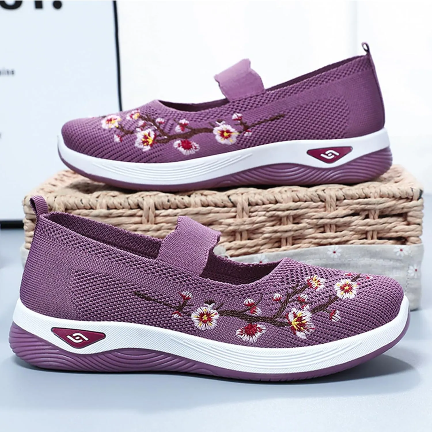 Helenbra Women's Flower Embroidered Slip On Knitting Flat Loafers,Mary Jane Breathable Elastic Mesh Comfy Platform Non Slip Memory Foam Mom Walking Nurse Shoes Casual Walking Sneakers