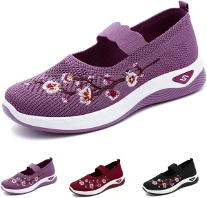 Helenbra Women's Flower Embroidered Slip On Knitting Flat Loafers,Mary Jane Breathable Elastic Mesh Comfy Platform Non Slip Memory Foam Mom Walking Nurse Shoes Casual Walking Sneakers