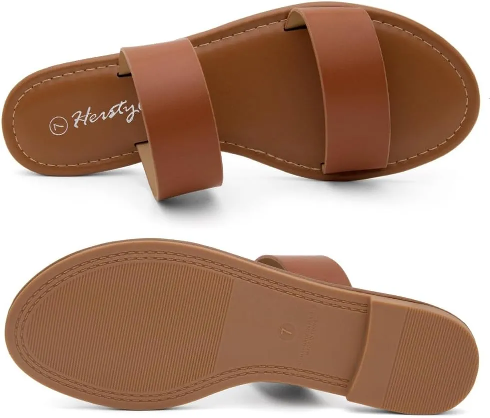 Herstyle Women’s Flat Sandals – Two Strap Comfortable Slides with Memory Foam, Trendy 2025 Summer Sandals, Lightweight Slip-On Open Toe Dressy & Casual Slippers for Women