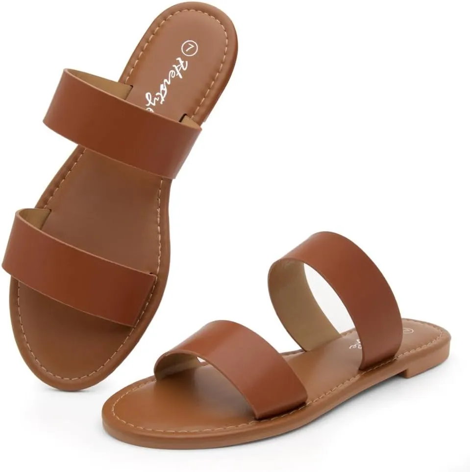 Herstyle Women’s Flat Sandals – Two Strap Comfortable Slides with Memory Foam, Trendy 2025 Summer Sandals, Lightweight Slip-On Open Toe Dressy & Casual Slippers for Women