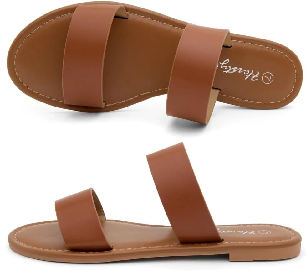Herstyle Women’s Flat Sandals – Two Strap Comfortable Slides with Memory Foam, Trendy 2025 Summer Sandals, Lightweight Slip-On Open Toe Dressy & Casual Slippers for Women