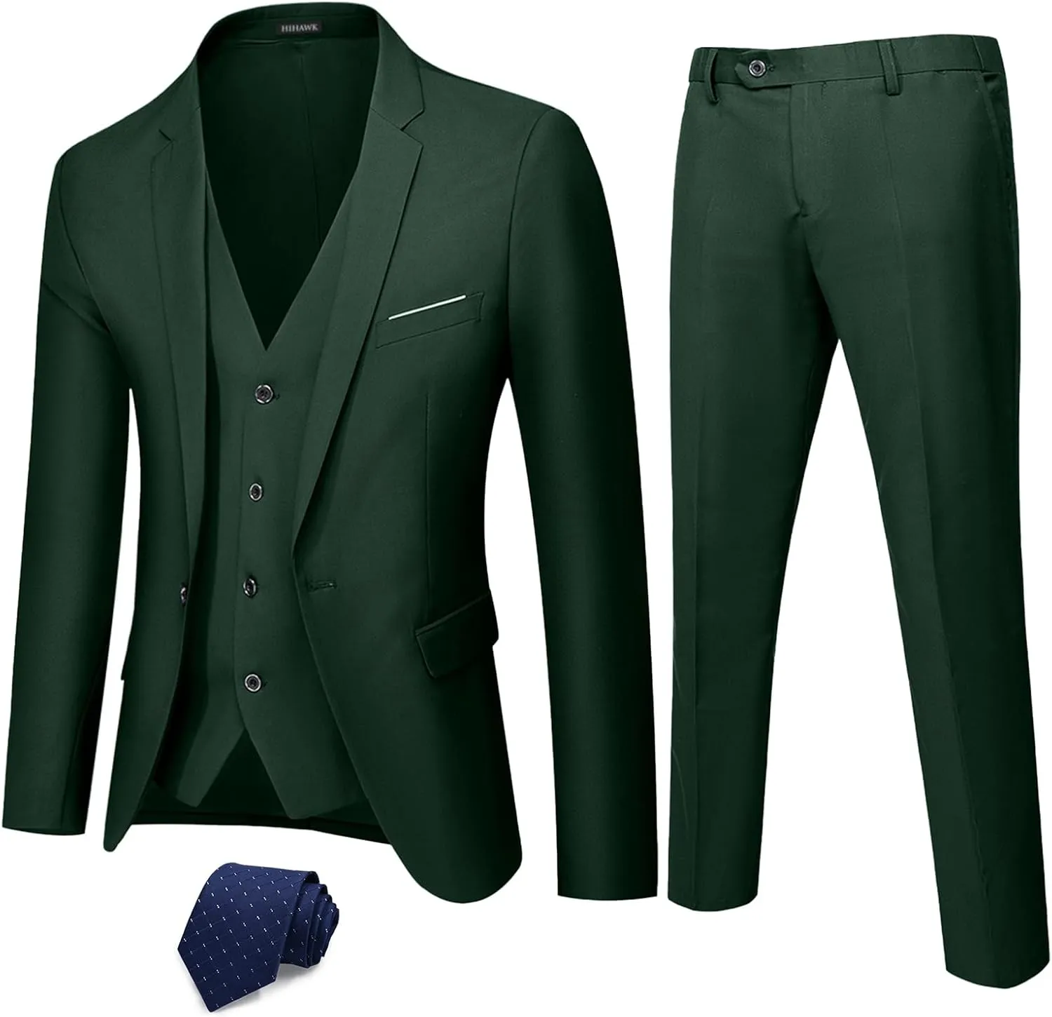 Hihawk Men's 3 Piece Suit with Stretch Fabric, Solid Slim Fit One Button Suit Blazer Set, Jacket Vest Pants with Tie.