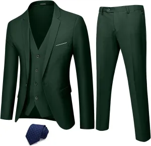 Hihawk Men's 3 Piece Suit with Stretch Fabric, Solid Slim Fit One Button Suit Blazer Set, Jacket Vest Pants with Tie.
