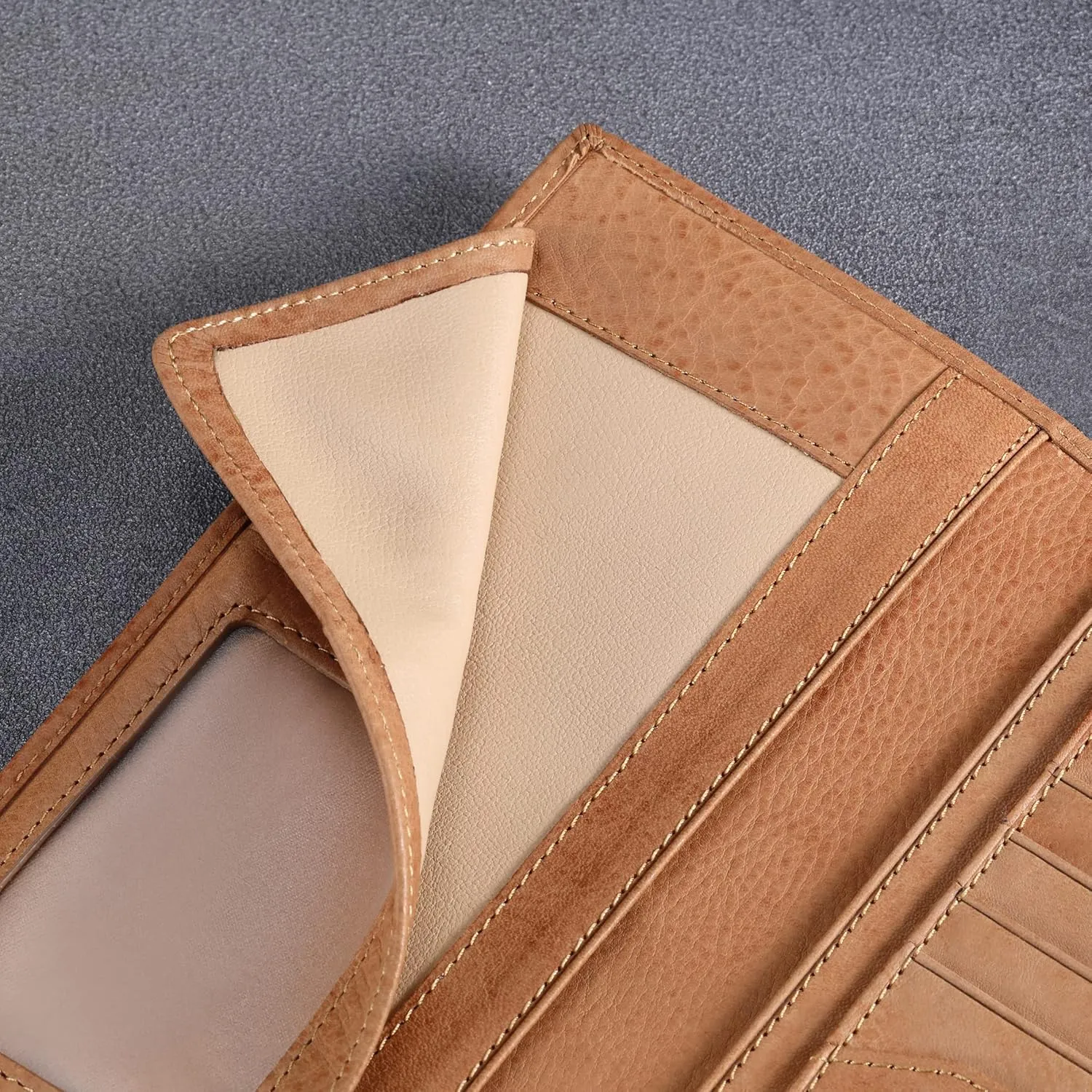 HISCOW Slim Leather Long Wallet for Men, Breast Pocket Wallet for Checkbook, Credit Cards (Aniline Leather Tan)