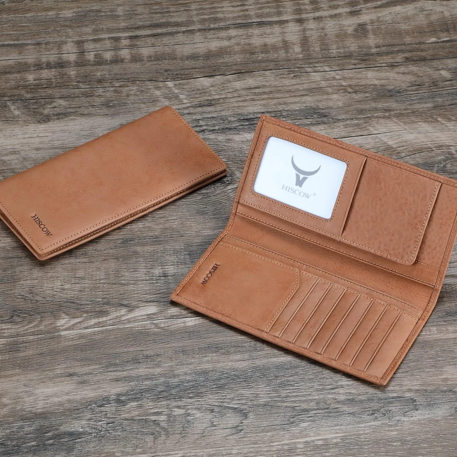 HISCOW Slim Leather Long Wallet for Men, Breast Pocket Wallet for Checkbook, Credit Cards (Aniline Leather Tan)