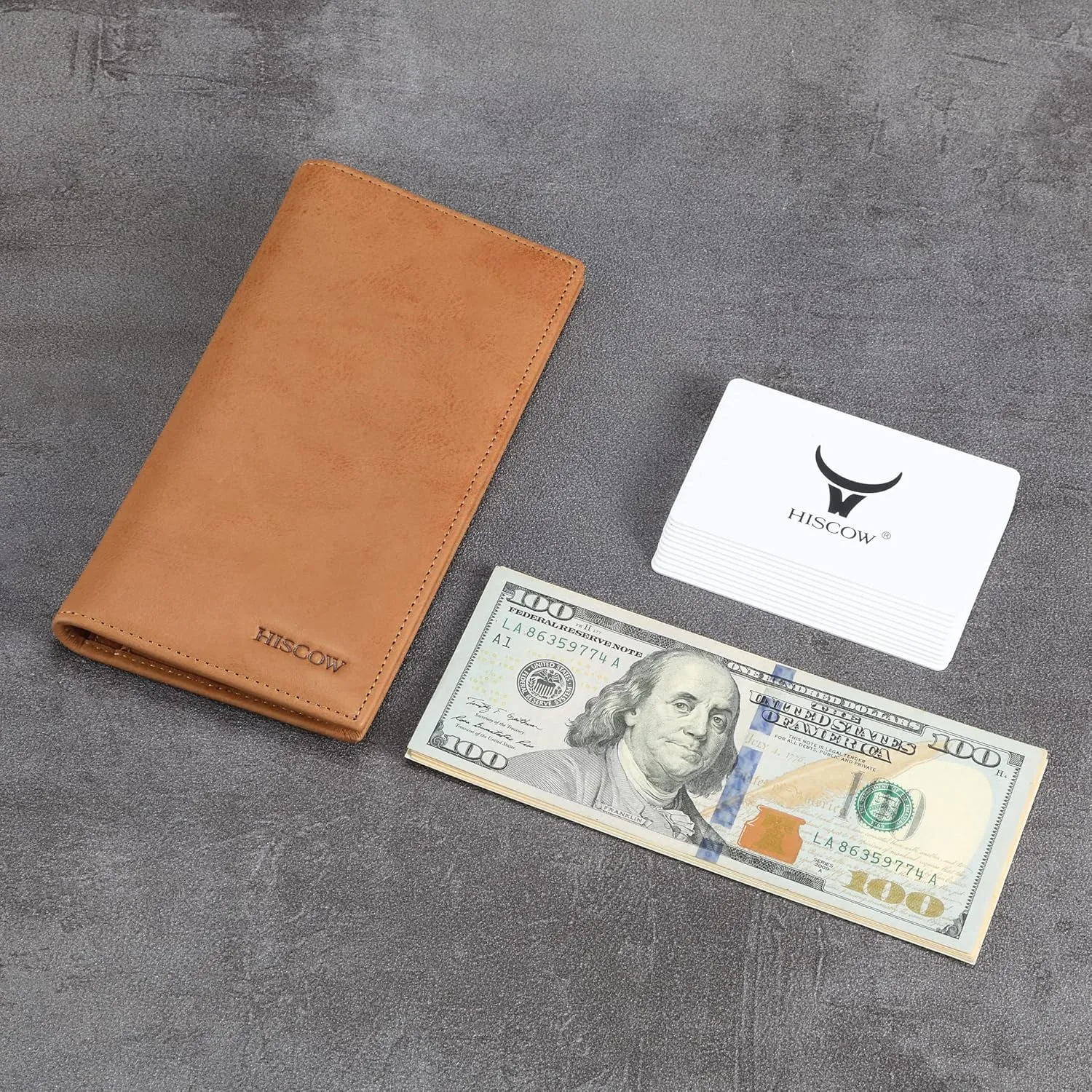 HISCOW Slim Leather Long Wallet for Men, Breast Pocket Wallet for Checkbook, Credit Cards (Aniline Leather Tan)
