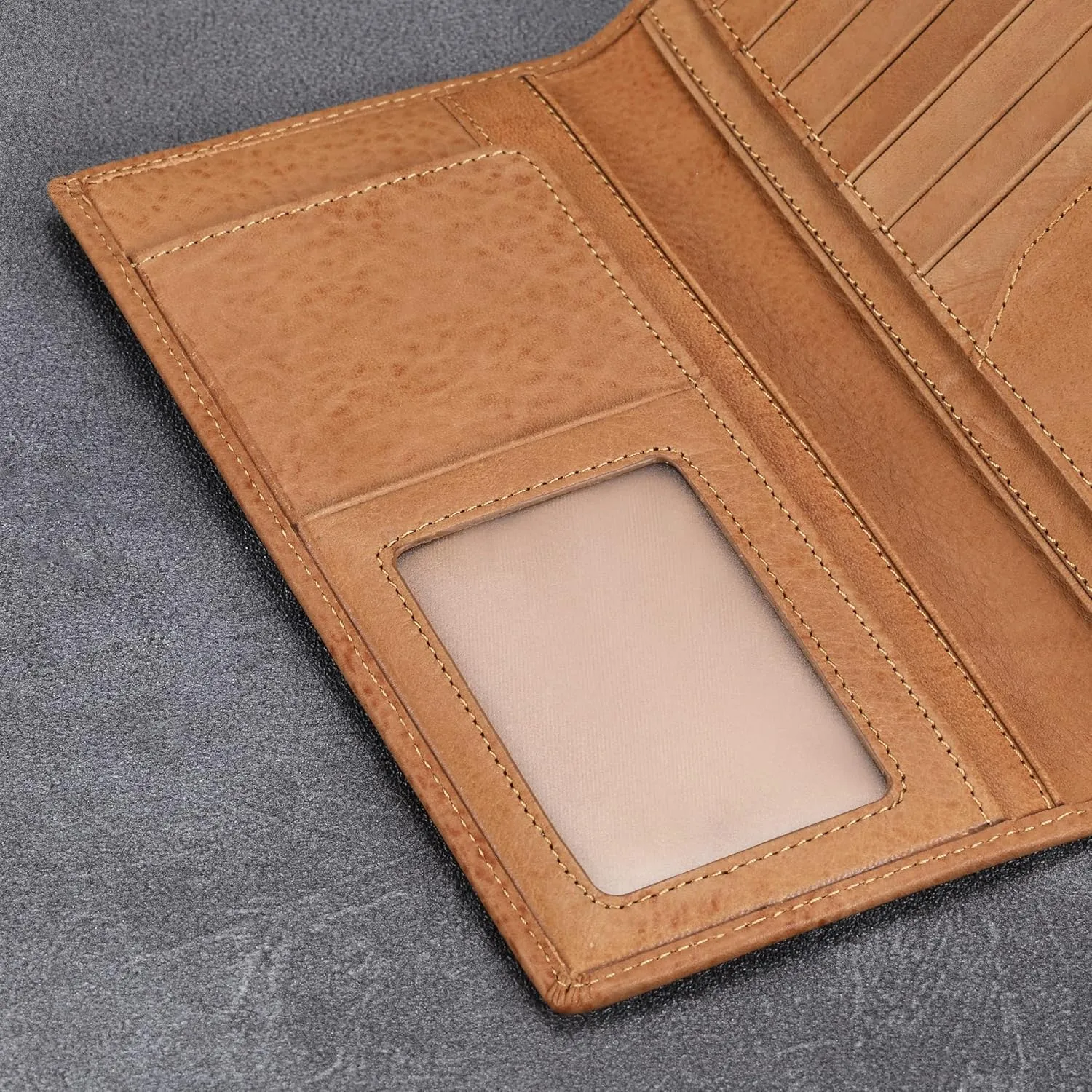 HISCOW Slim Leather Long Wallet for Men, Breast Pocket Wallet for Checkbook, Credit Cards (Aniline Leather Tan)
