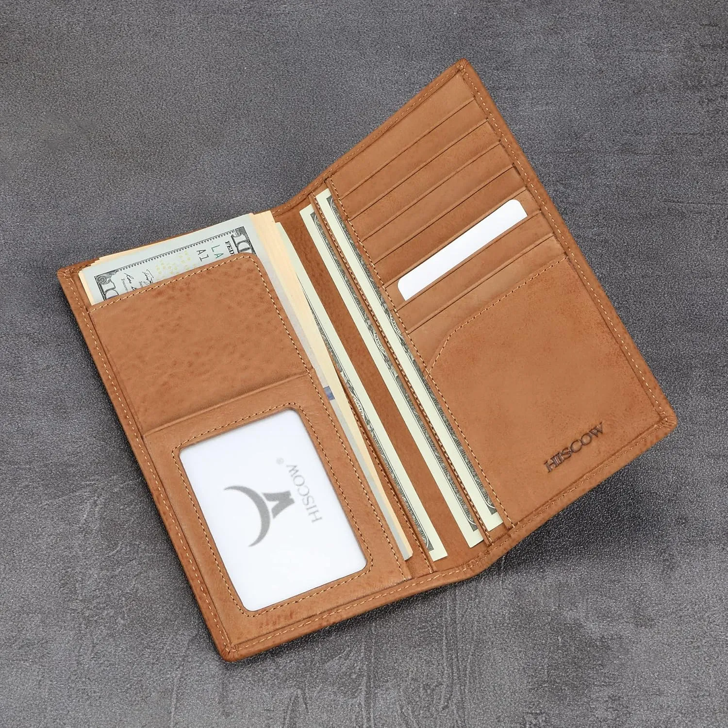 HISCOW Slim Leather Long Wallet for Men, Breast Pocket Wallet for Checkbook, Credit Cards (Aniline Leather Tan)