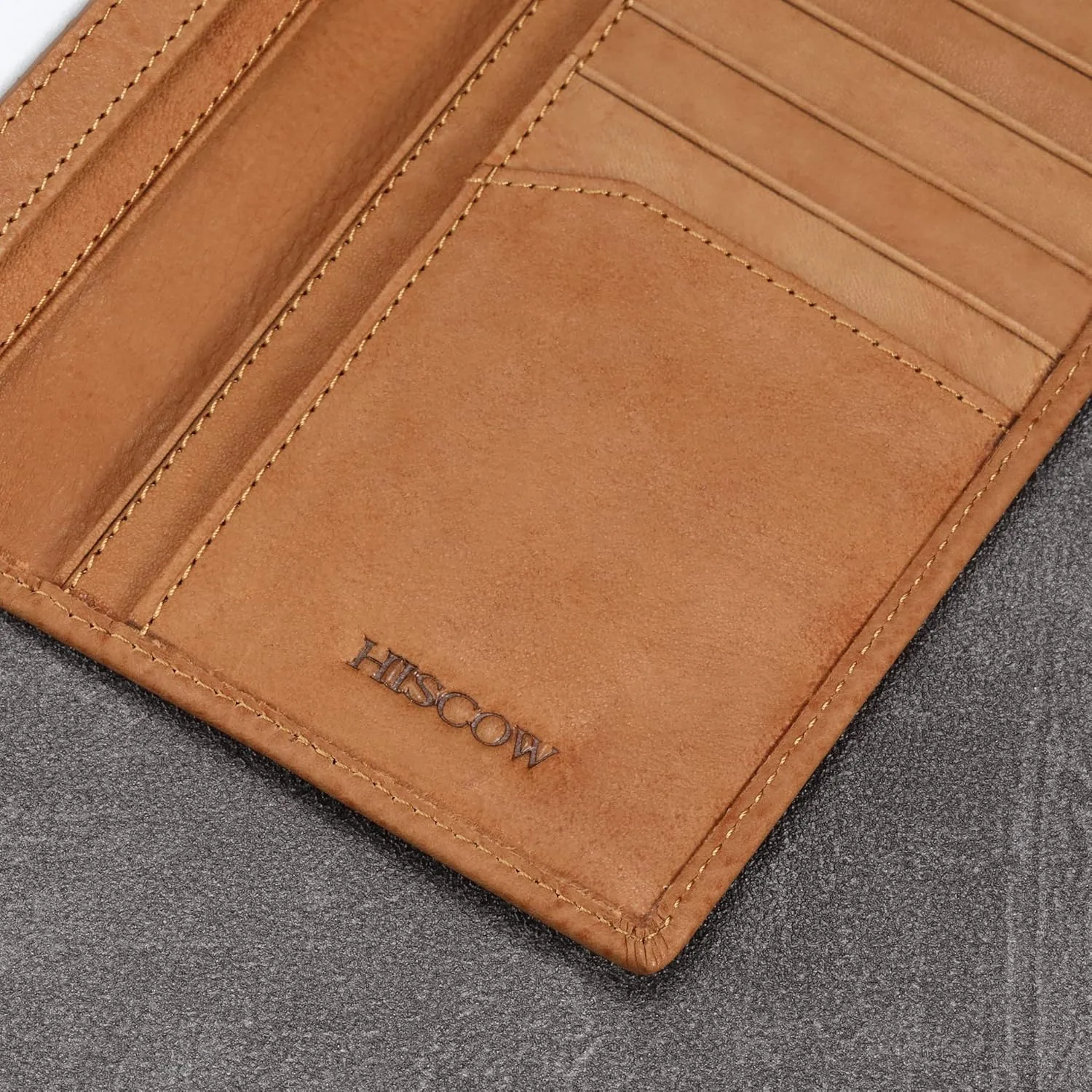 HISCOW Slim Leather Long Wallet for Men, Breast Pocket Wallet for Checkbook, Credit Cards (Aniline Leather Tan)
