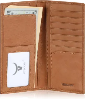 HISCOW Slim Leather Long Wallet for Men, Breast Pocket Wallet for Checkbook, Credit Cards (Aniline Leather Tan)