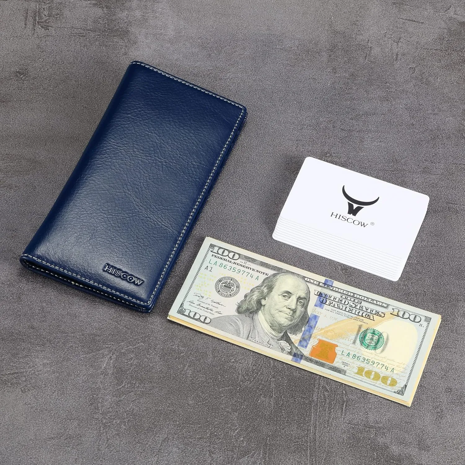 HISCOW Slim Leather Long Wallet for Men, Breast Pocket Wallet for Checkbook, Credit Cards (Antiqued Blue)
