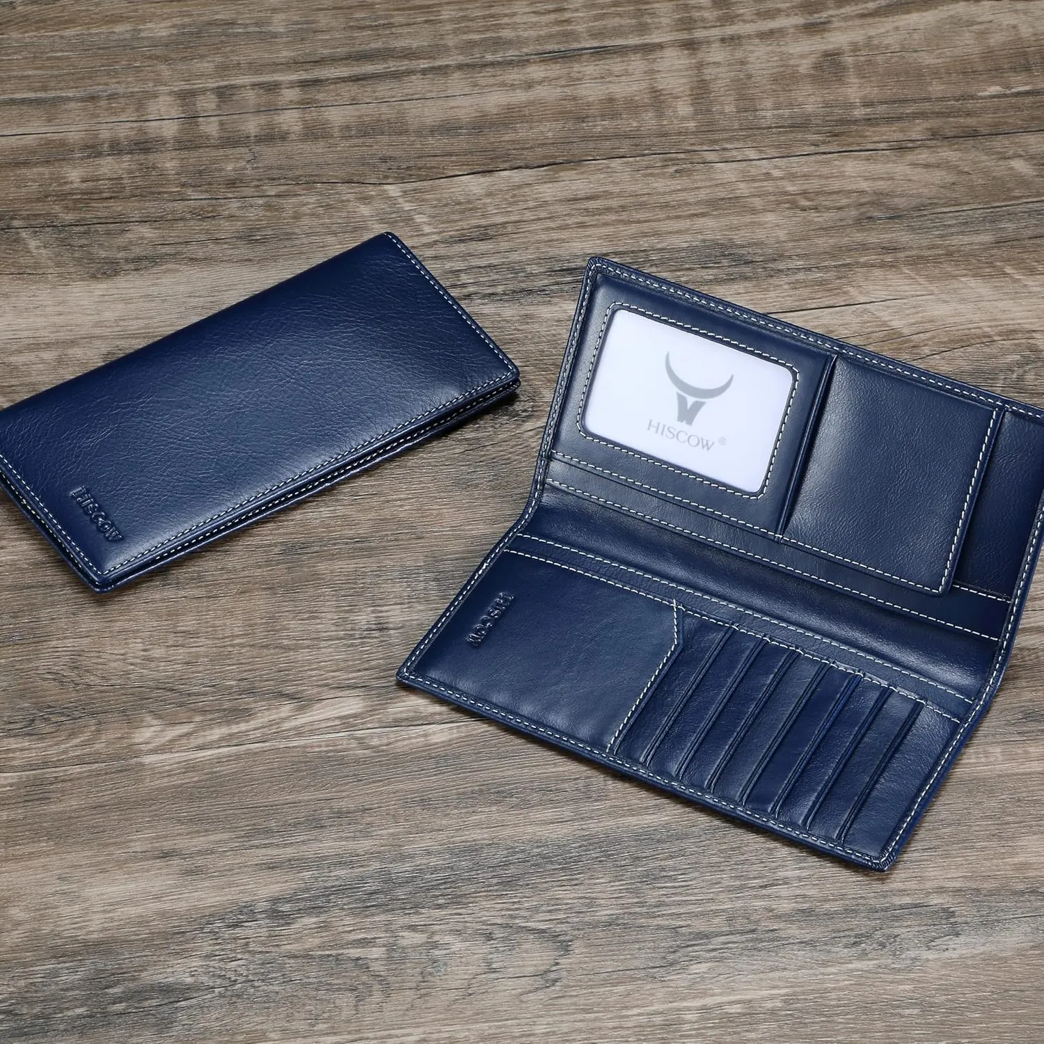HISCOW Slim Leather Long Wallet for Men, Breast Pocket Wallet for Checkbook, Credit Cards (Antiqued Blue)