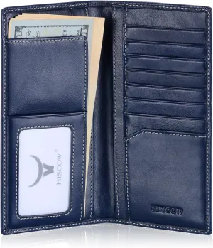 HISCOW Slim Leather Long Wallet for Men, Breast Pocket Wallet for Checkbook, Credit Cards (Antiqued Blue)
