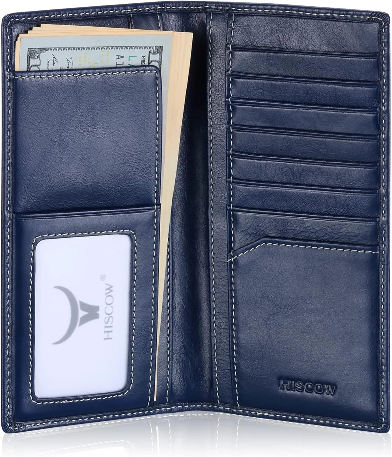 HISCOW Slim Leather Long Wallet for Men, Breast Pocket Wallet for Checkbook, Credit Cards (Antiqued Blue)