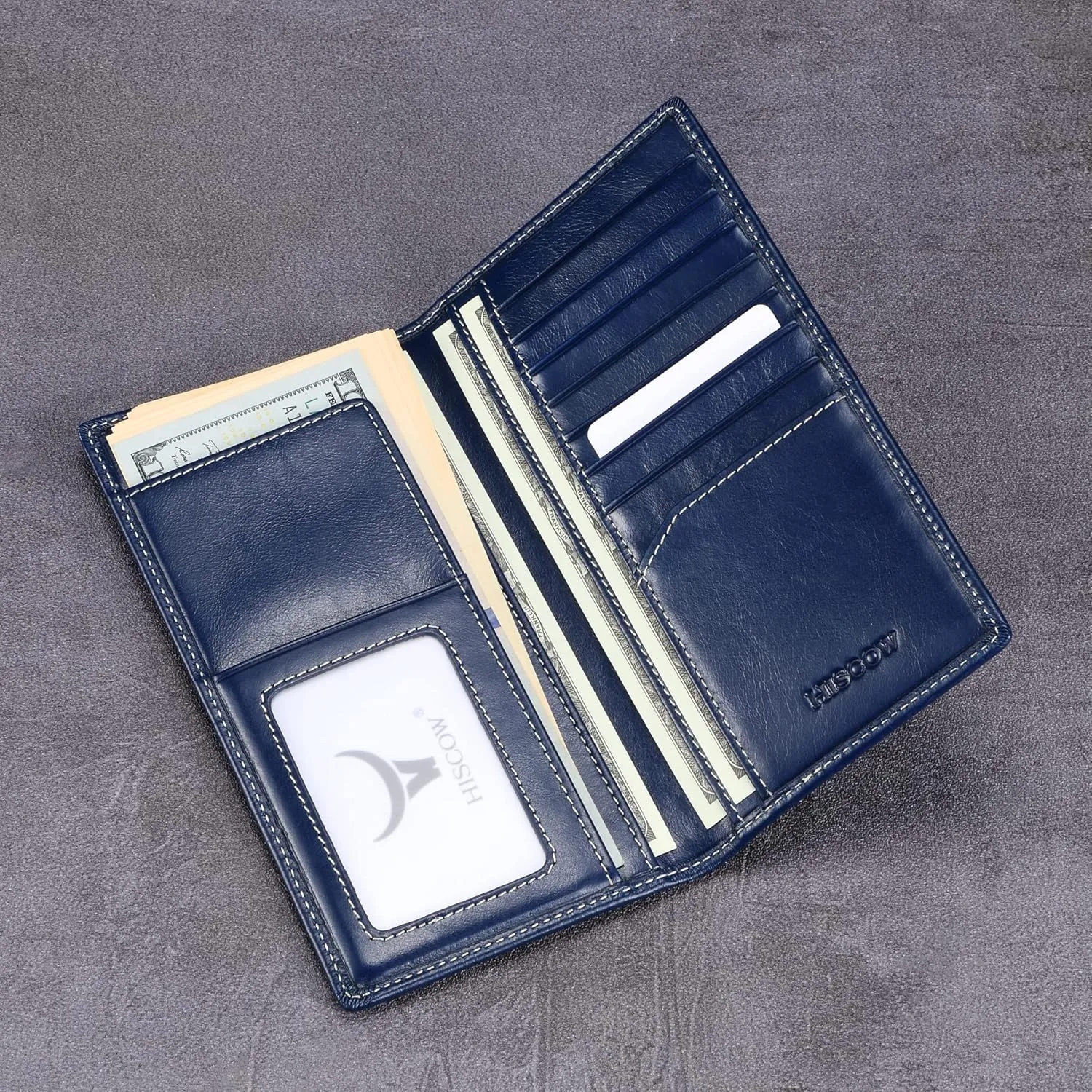 HISCOW Slim Leather Long Wallet for Men, Breast Pocket Wallet for Checkbook, Credit Cards (Antiqued Blue)
