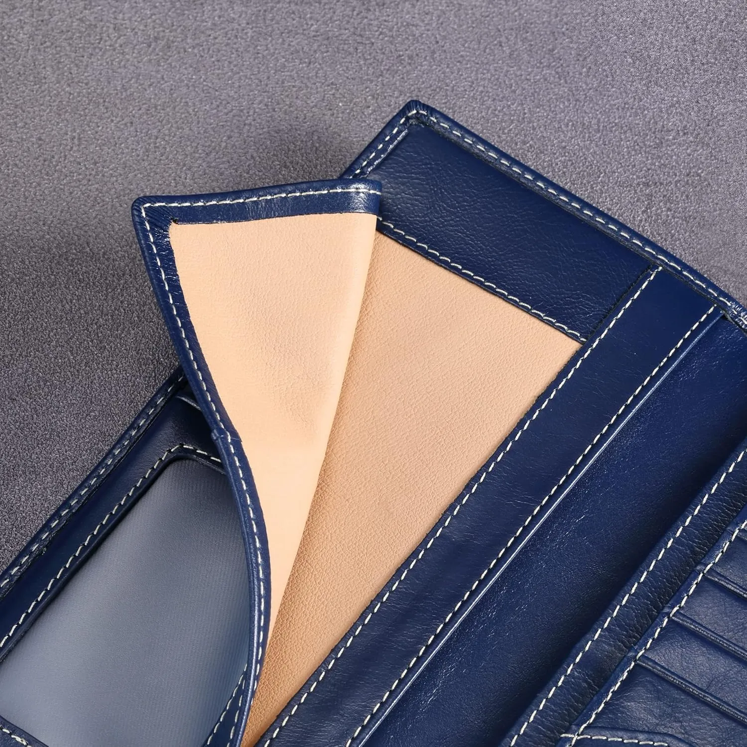 HISCOW Slim Leather Long Wallet for Men, Breast Pocket Wallet for Checkbook, Credit Cards (Antiqued Blue)