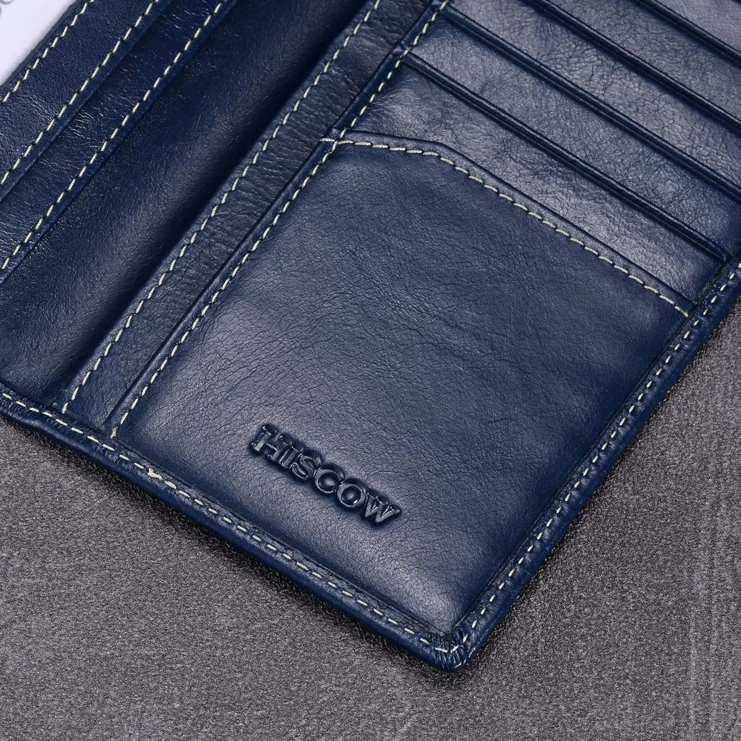 HISCOW Slim Leather Long Wallet for Men, Breast Pocket Wallet for Checkbook, Credit Cards (Antiqued Blue)