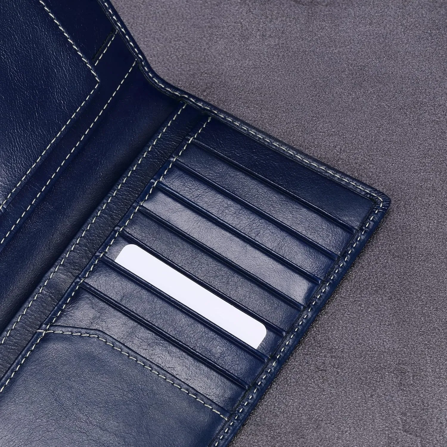 HISCOW Slim Leather Long Wallet for Men, Breast Pocket Wallet for Checkbook, Credit Cards (Antiqued Blue)