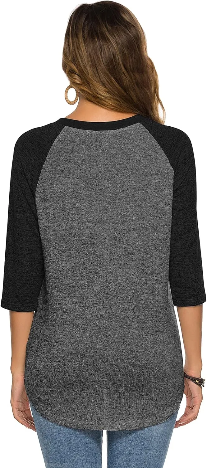 HOCOSIT Women's Raglan V Neck Summer Tops 3/4 Sleeve Ladies Button Henley Shirt Boyfriend Style Blouse