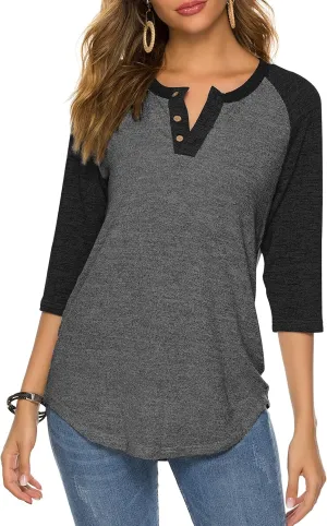 HOCOSIT Women's Raglan V Neck Summer Tops 3/4 Sleeve Ladies Button Henley Shirt Boyfriend Style Blouse