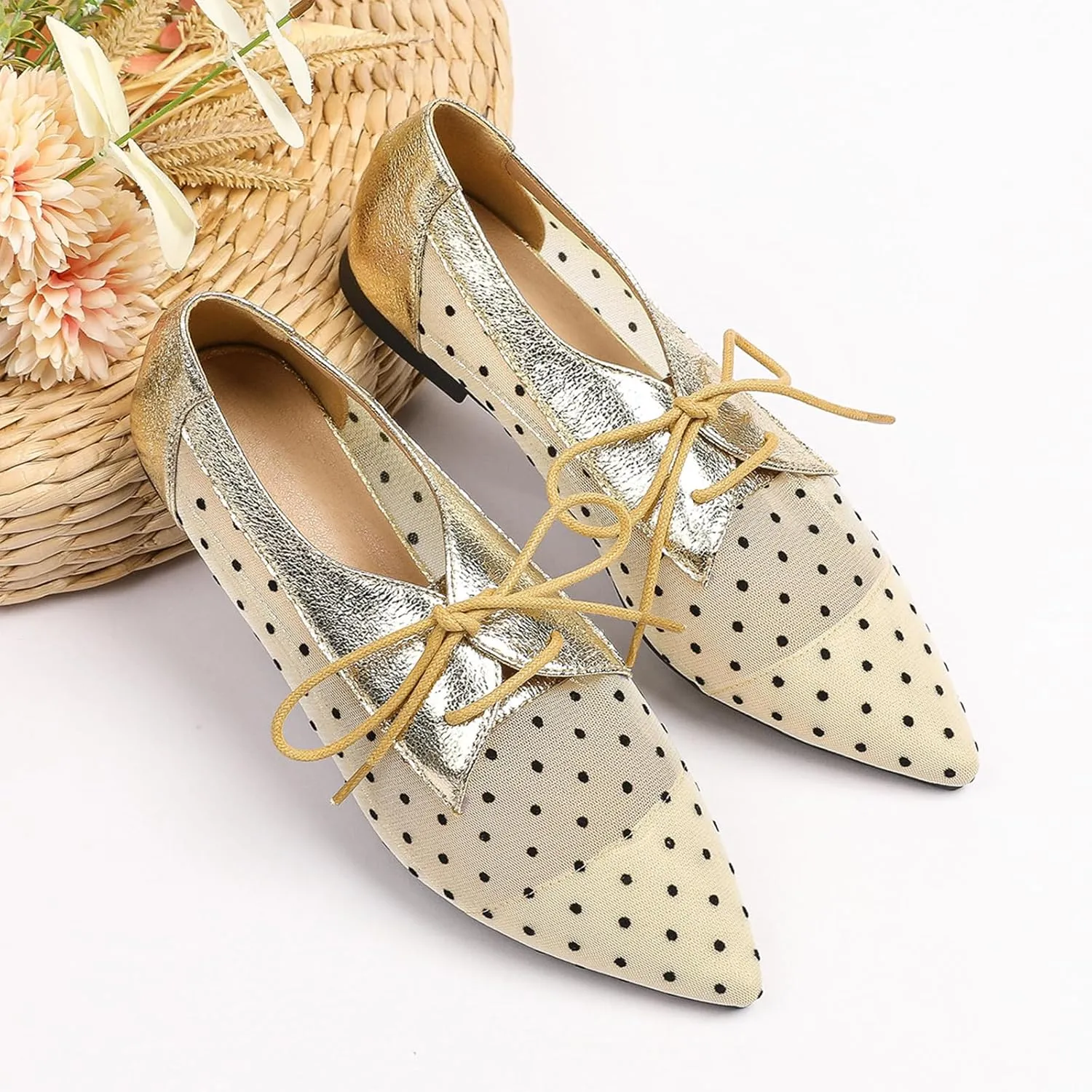 Hopomart Women's Mesh Polka Dots Breathable Pointed Toe Casual Shoes Fashion Lace Up Comfort Lightweight Slip On Flat Ballet Shoes