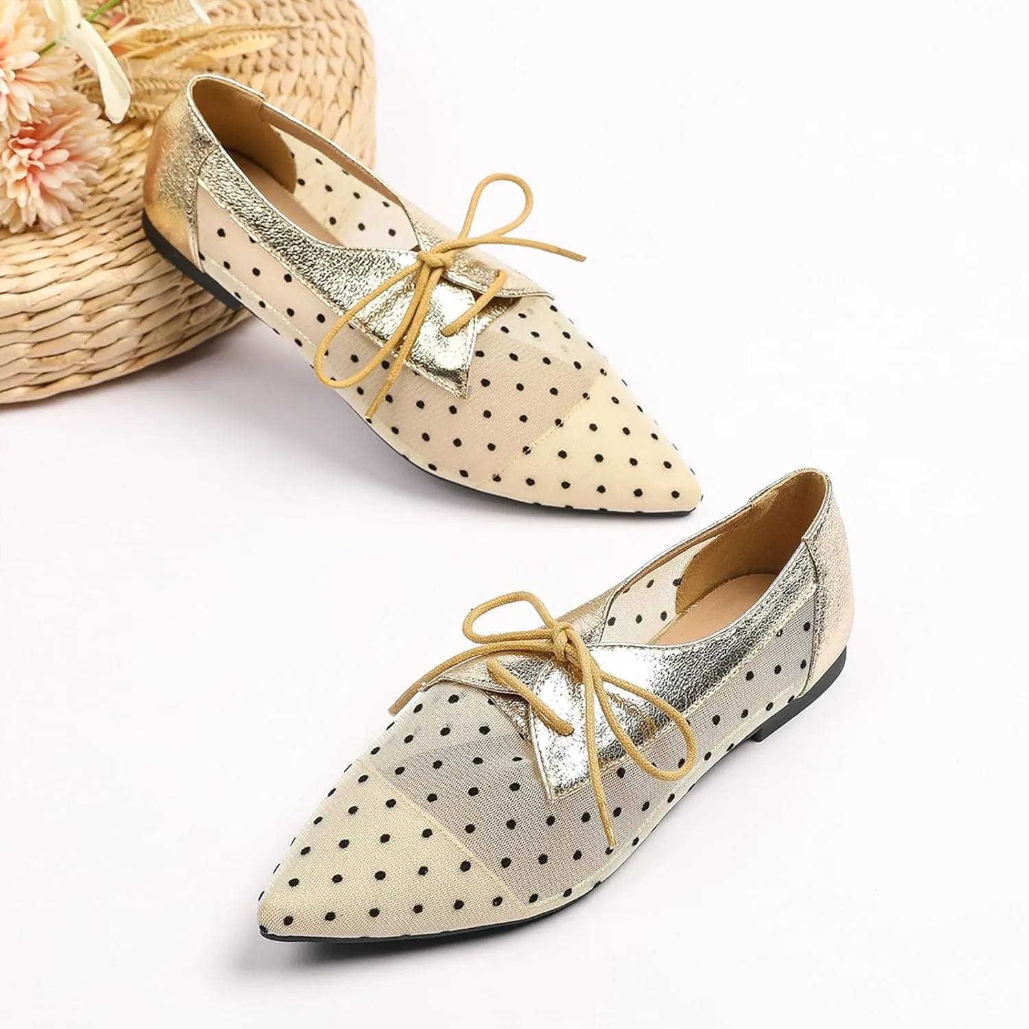 Hopomart Women's Mesh Polka Dots Breathable Pointed Toe Casual Shoes Fashion Lace Up Comfort Lightweight Slip On Flat Ballet Shoes