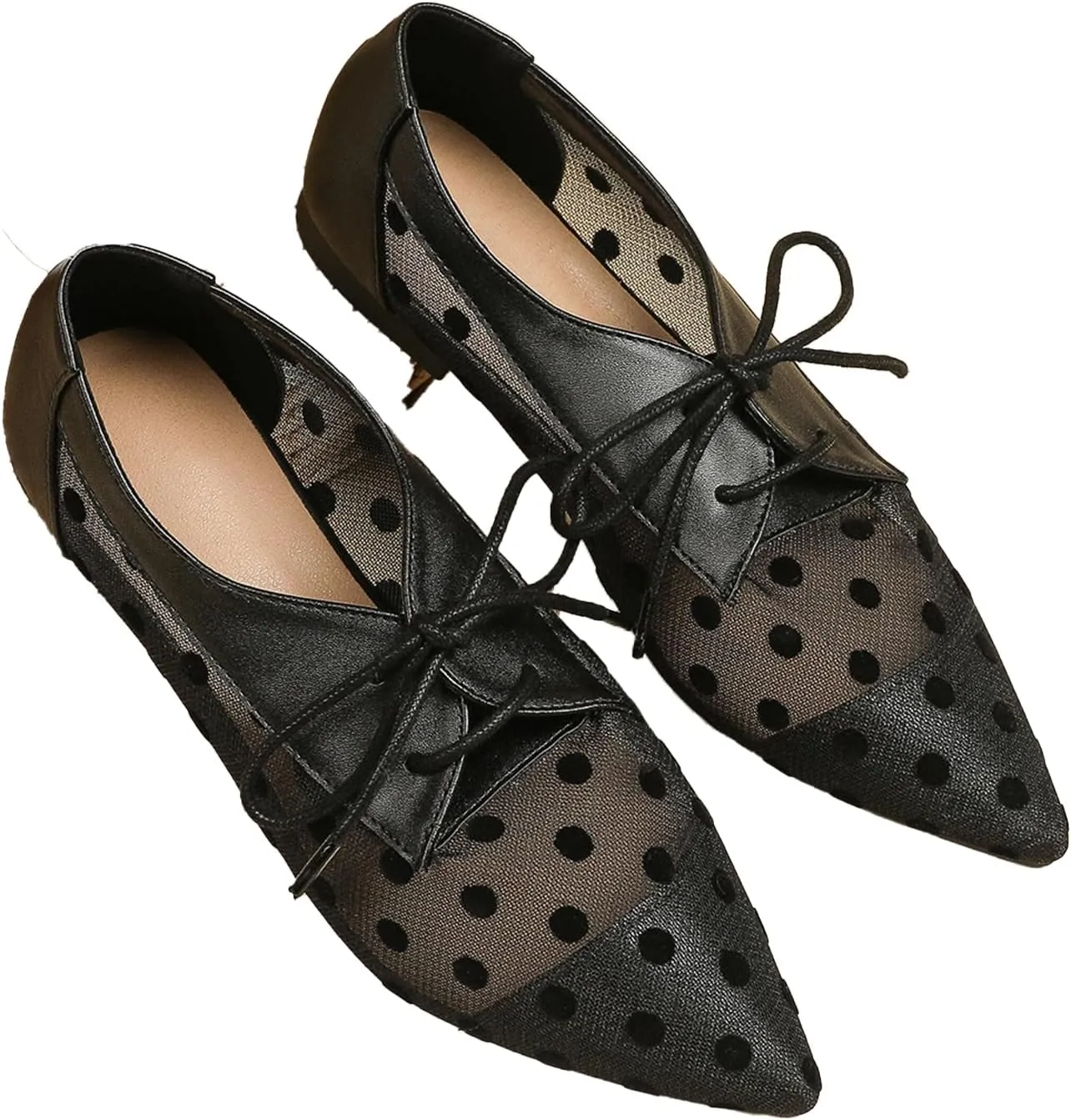 Hopomart Women's Mesh Polka Dots Breathable Pointed Toe Casual Shoes Fashion Lace Up Comfort Lightweight Slip On Flat Ballet Shoes