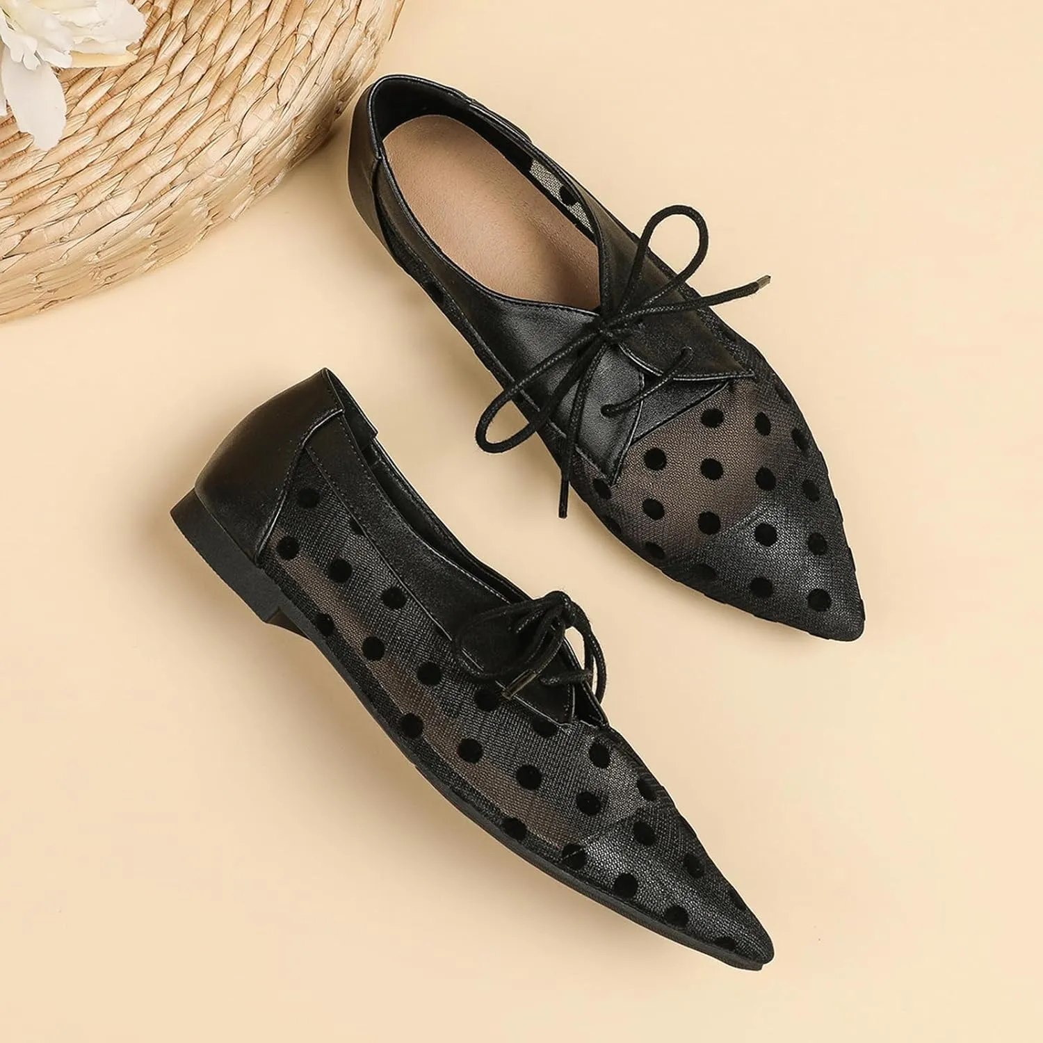 Hopomart Women's Mesh Polka Dots Breathable Pointed Toe Casual Shoes Fashion Lace Up Comfort Lightweight Slip On Flat Ballet Shoes