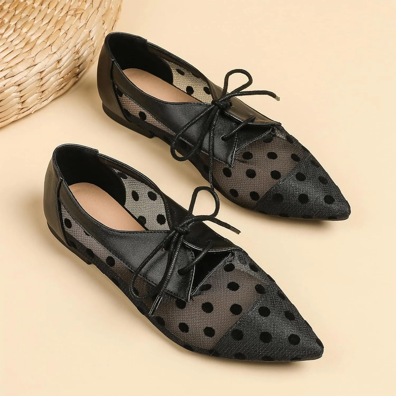 Hopomart Women's Mesh Polka Dots Breathable Pointed Toe Casual Shoes Fashion Lace Up Comfort Lightweight Slip On Flat Ballet Shoes