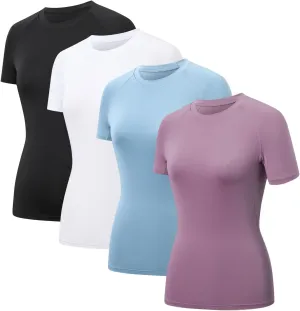 HYCOPROT 4 Pack Women's Compression Shirt Short Sleeve Quick Dry Workout Tops Baselayer Athletic T Shirt Yoga Gym Running