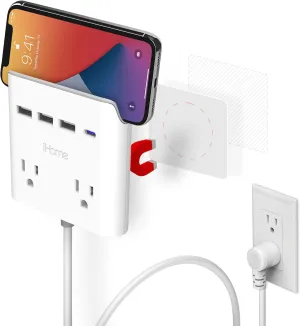 iHome Power Reach Multiple Plug Outlet Extender with 2 Outlets, 4-Port USB Wall Charger (1 USB C, 3X USB A), 6 Ft Extension Cord and Magnetic Wall Mount, White
