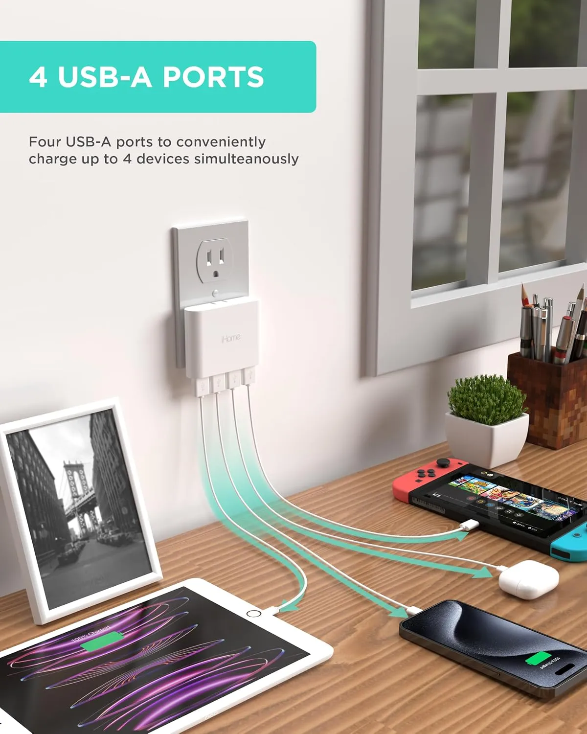 iHome Slim 4-Port USB Wall Charger, AC Pro Multiport Plug Adapter, Phone Charging Block with 4 Ports, Flat USB Wall Adapter for Home & Travel