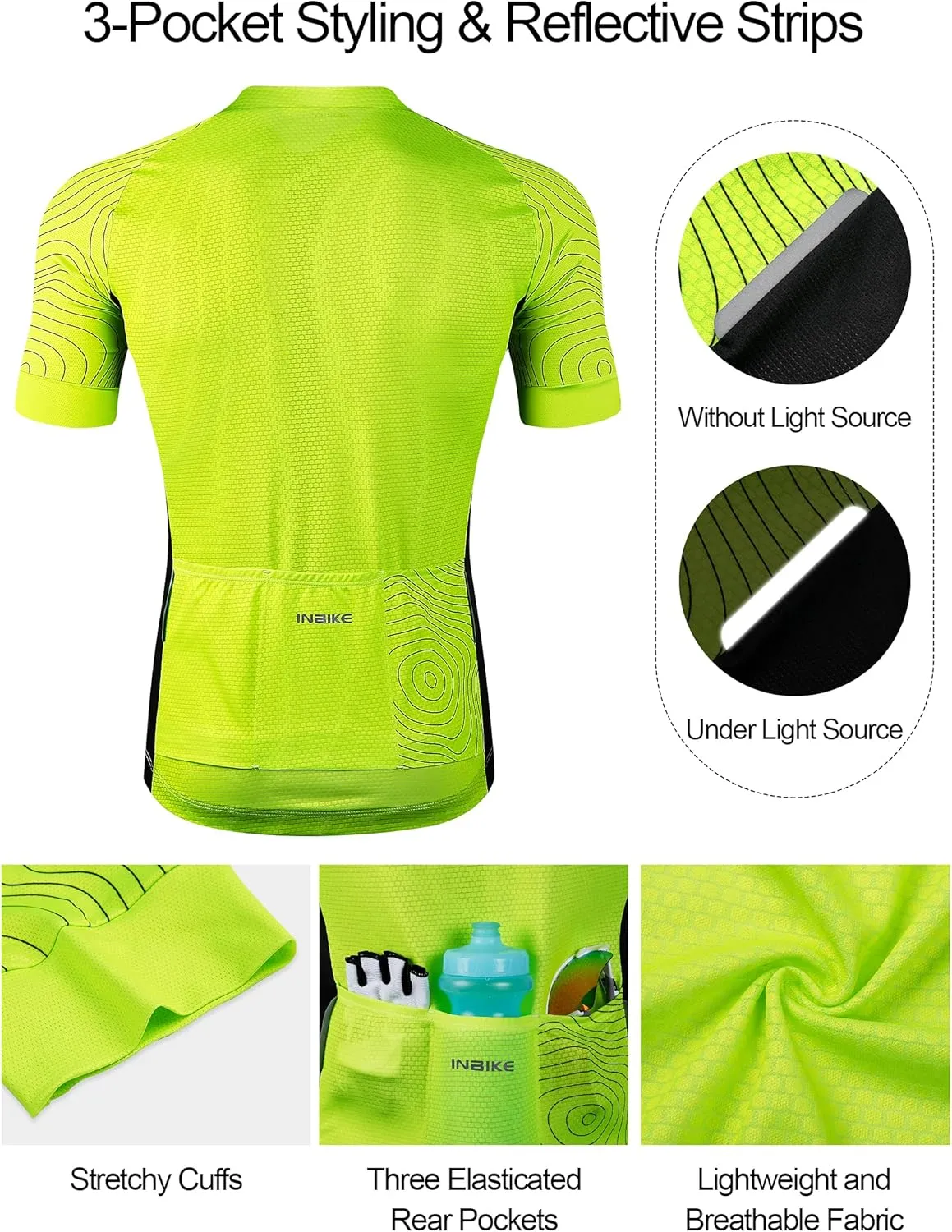 INBIKE Mens Cycling Jersey 3 Rear Pockets Moisture Wicking Short Sleeve Quick Dry Reflective Biking Shirts