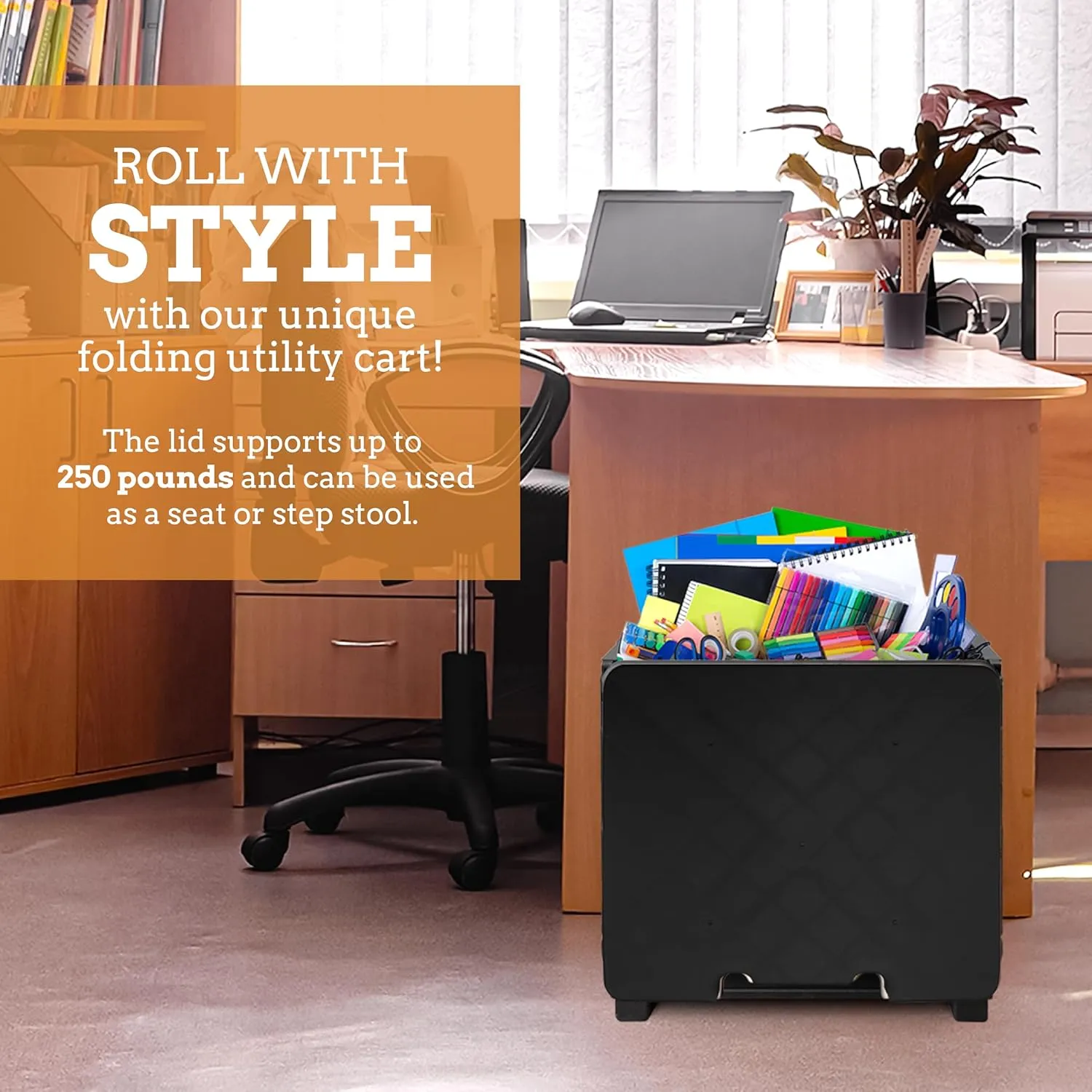 Inspired Living Collapsible Ultra-Slim Pack-N-Roll,2 Wheel Utility Cart w/Lid used as Seat up to 250 Lbs, Telescopic Handle - Super Strong, for Home, Garden, Shopping, Office, School use, Large, Black