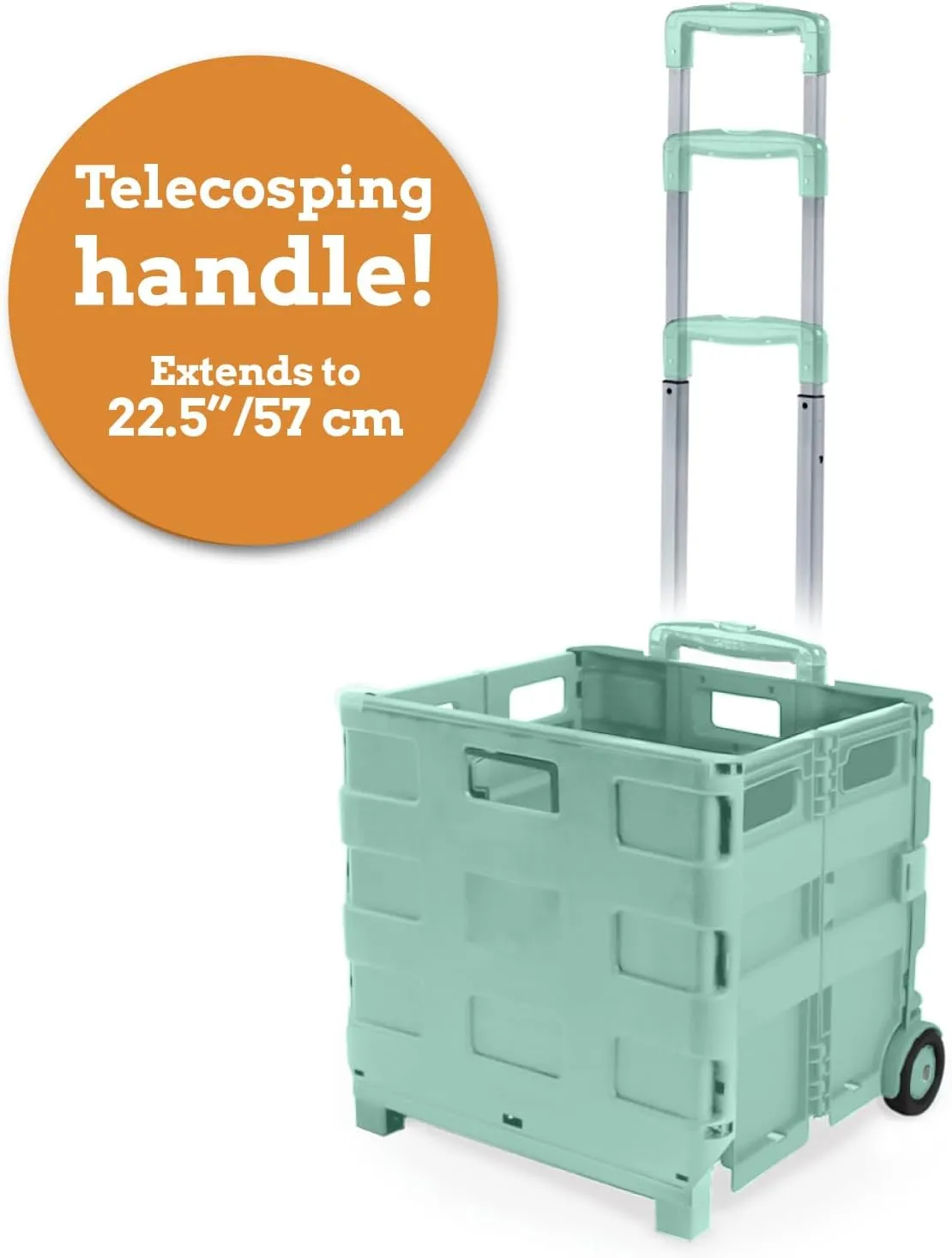 Inspired Living Ultra-Slim Rolling Collapsible Storage Pack-N-Roll Utility-carts, with Telescopic Handle, for Home, Garden, Shopping, Office, School use, Large, Mint