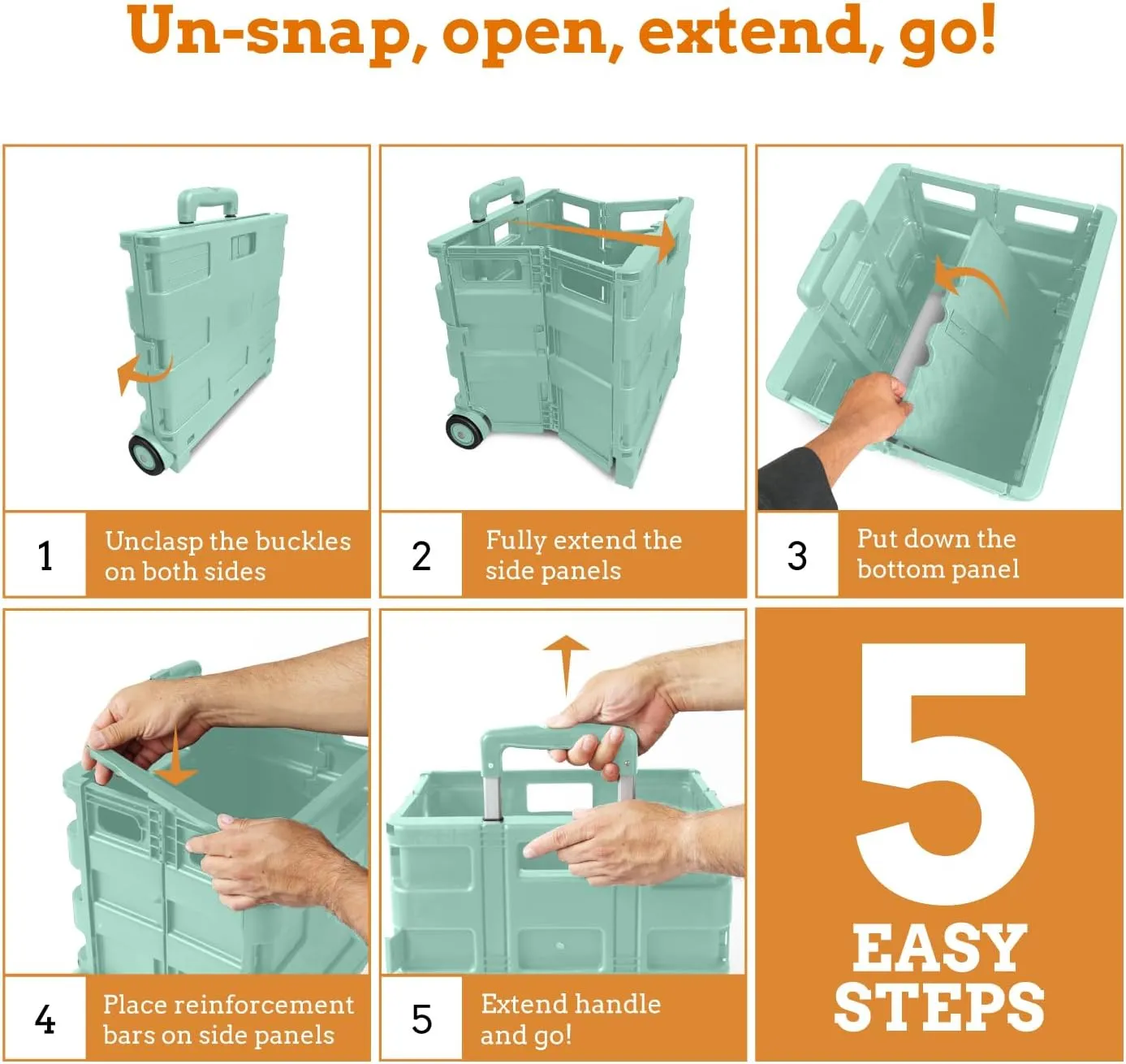 Inspired Living Ultra-Slim Rolling Collapsible Storage Pack-N-Roll Utility-carts, with Telescopic Handle, for Home, Garden, Shopping, Office, School use, Large, Mint